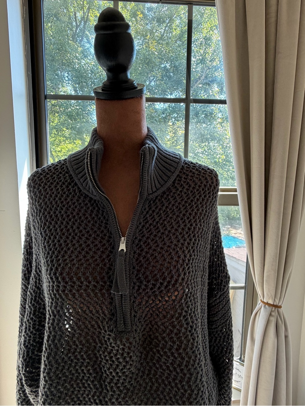 aerie Charcoal Open-Knit Half-Zip Turtleneck Sweater